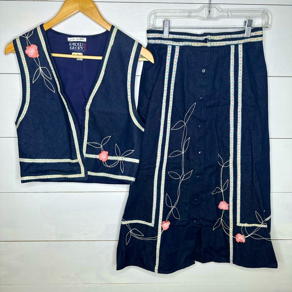 Vintage 70's Faded Glory Denim Floral Embroidery Maxi Skirt and Vest Women's - 9